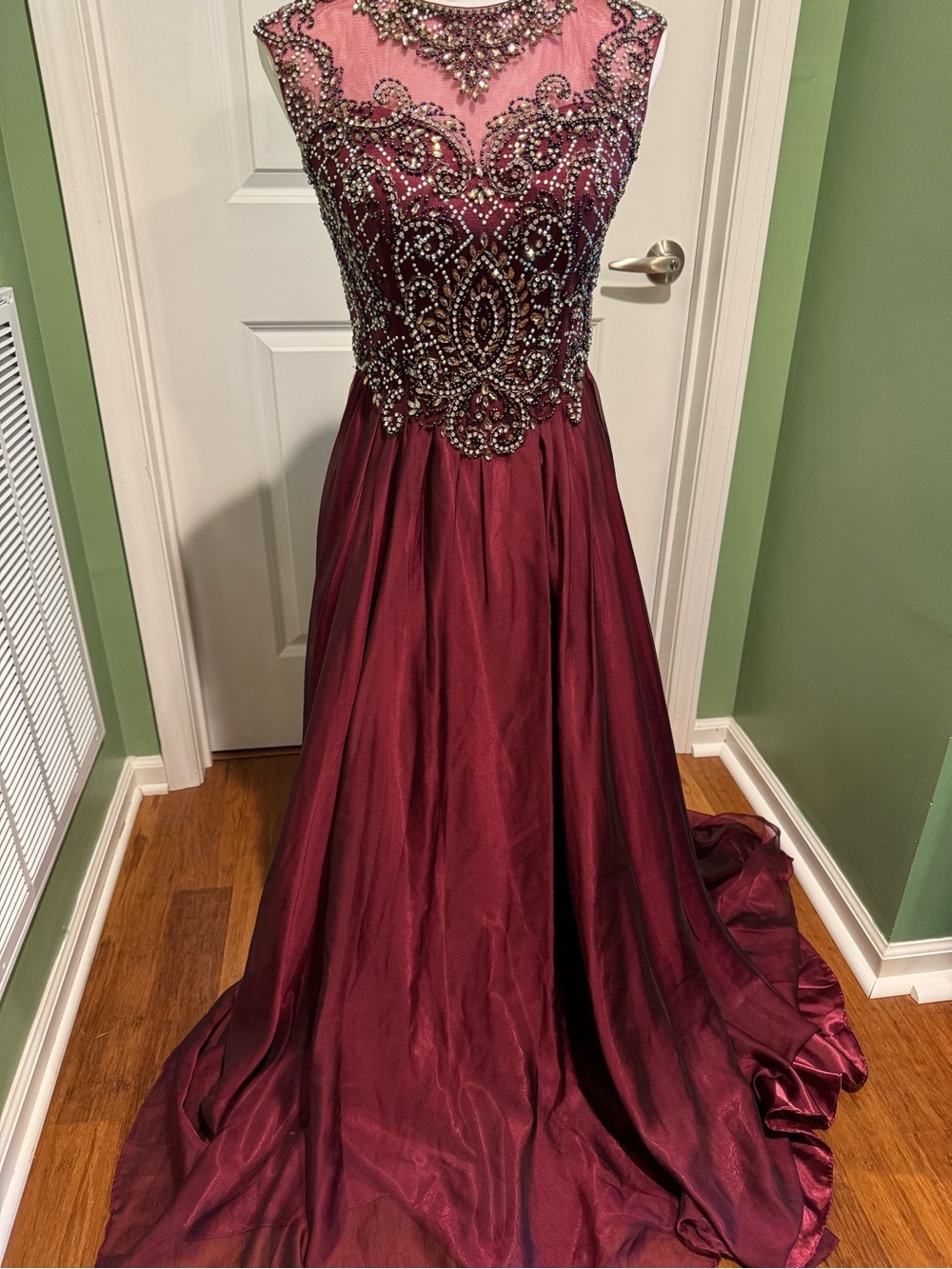 Beaded Burgundy Prom Gown with Illusion Neckline